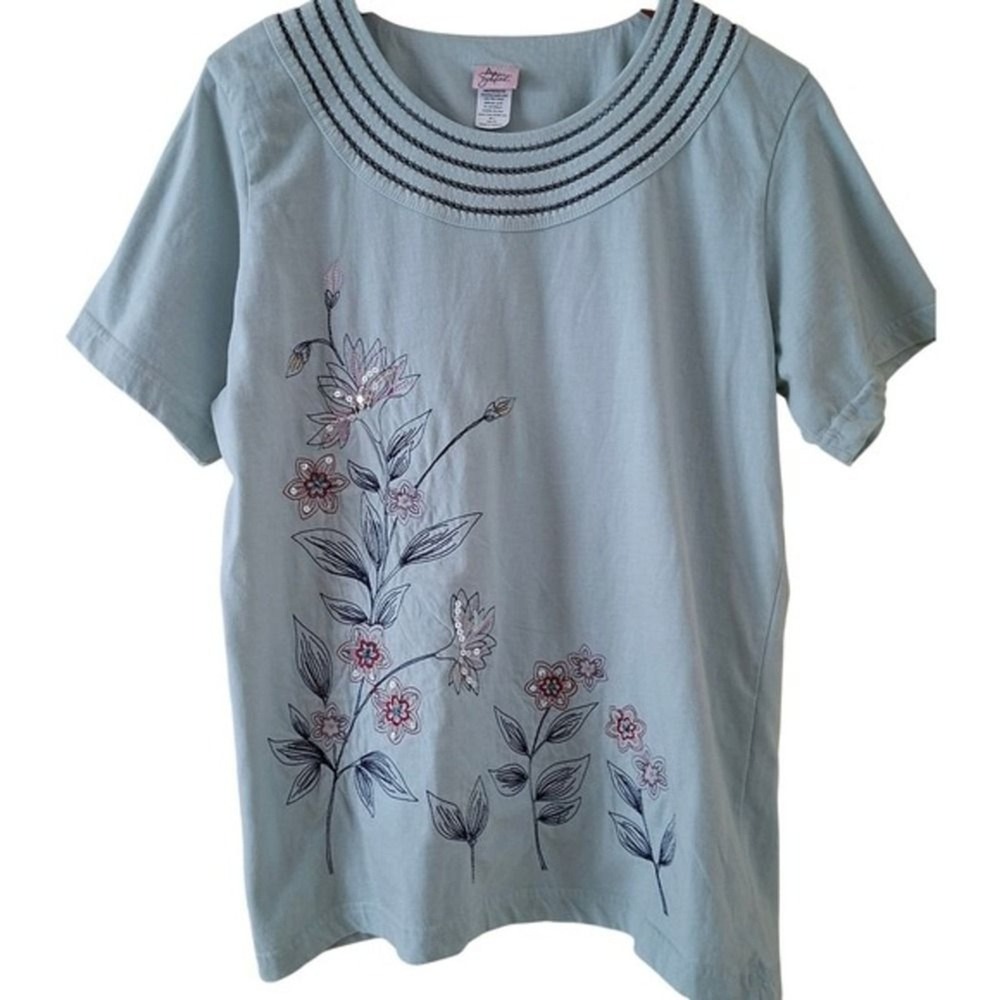 Adriana Delafield Top XXL Womens Blue Excellent Floral Sequin Embroidered